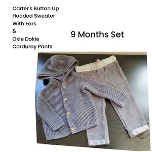 Carter's Button Up Hooded Sweater With Ears & Okie Dokie Corduroy Pants